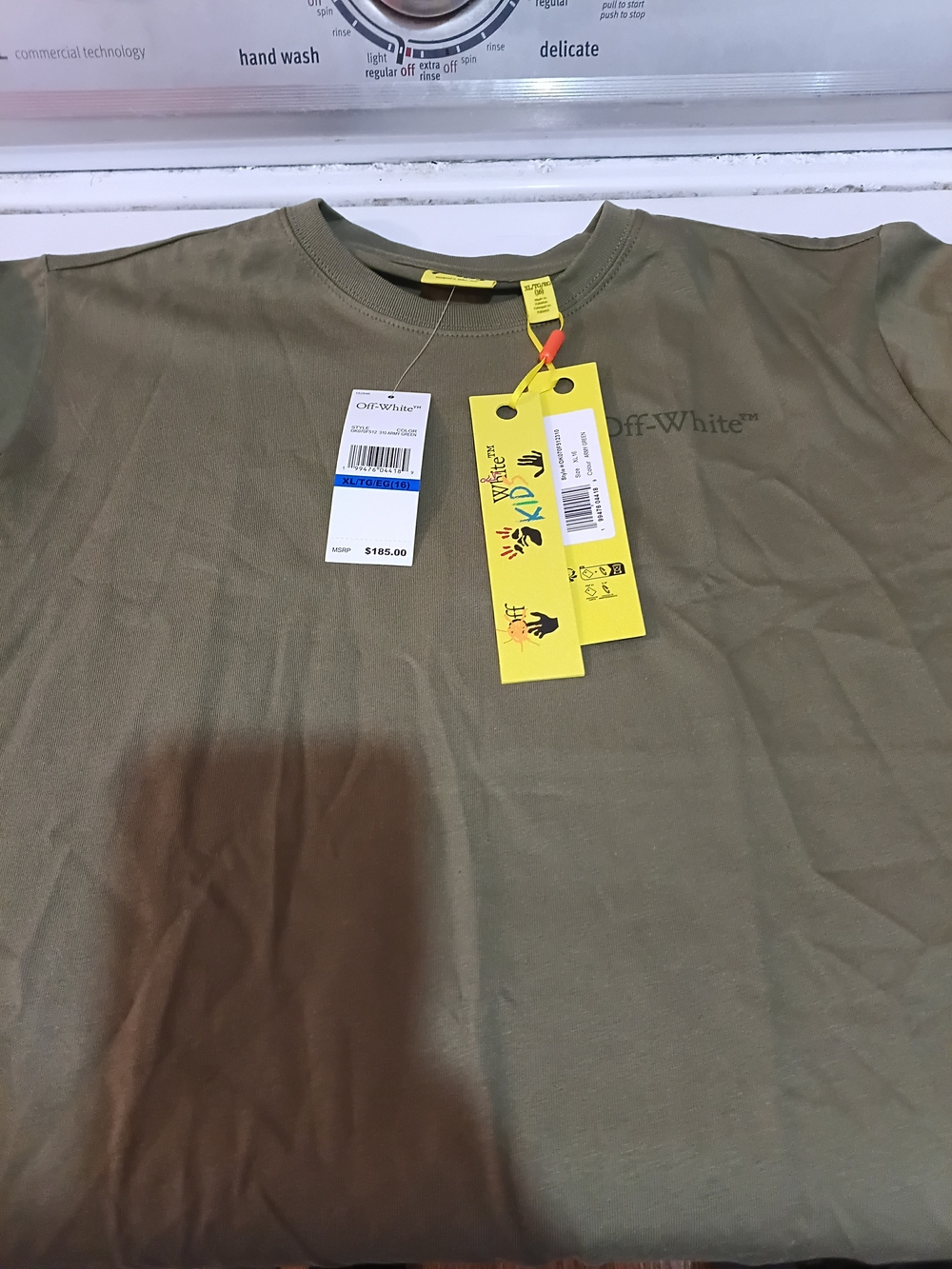 Off-White Olive Green Short Sleeve Crewneck T-Shirt with Yellow Tag